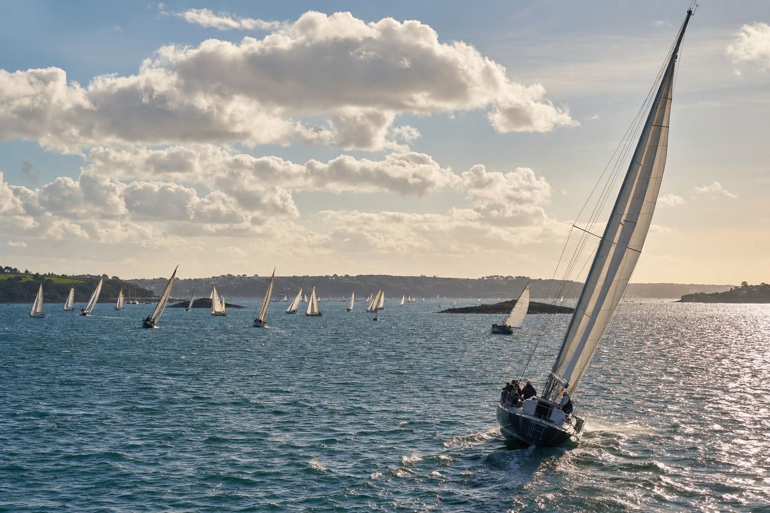 Régate dans la Baie de Quiberon : dizaines de voiles blanches vers les îles, quillard au premier plan