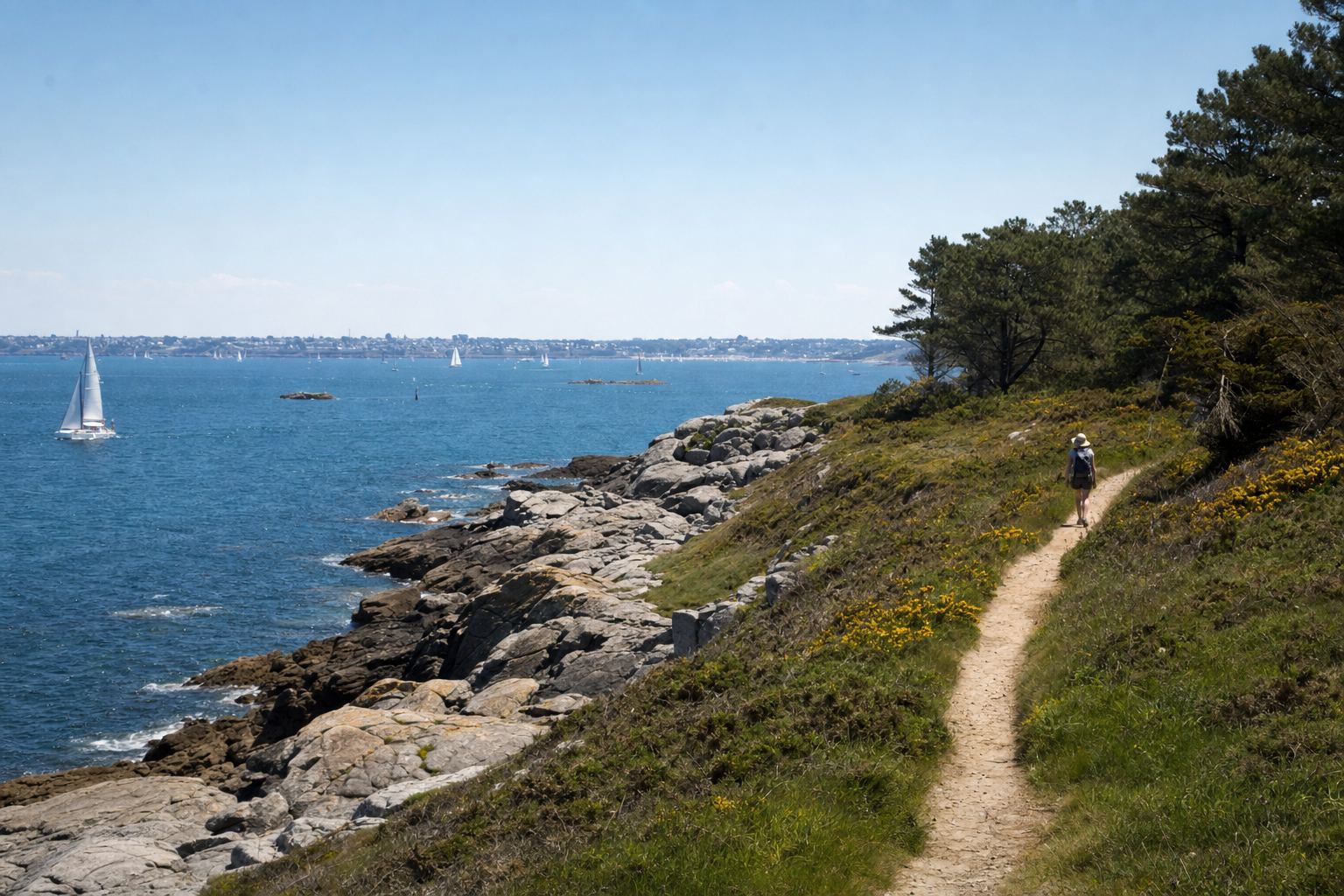 Sentier côtier sur les falaises basses de la presqu'île de Rhuys, voiles au large