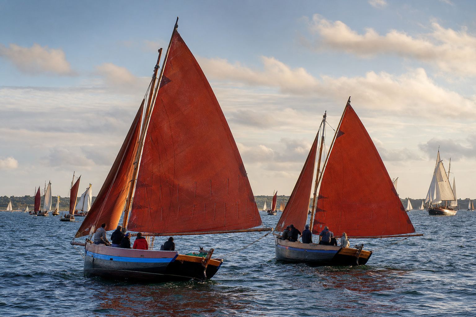 Voiliers traditionnels bretons aux voiles rouges naviguant de conserve